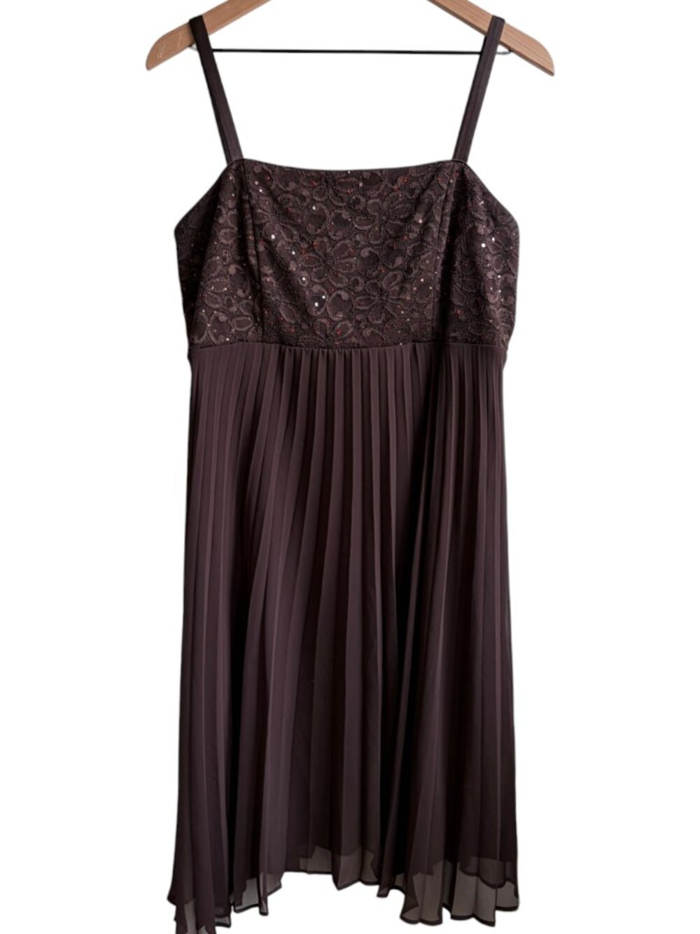 R&M Richards Brown Lace Sequin Pleated Empire Cocktail Dress Midi Size 16 Plus